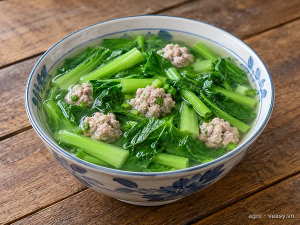 Canh cải ngọt nấu thịt băm (ảnh minh hoạ do AI tạo)