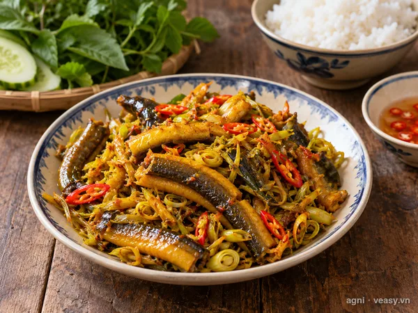 Lươn xào sả ớt (ảnh minh hoạ do AI tạo)