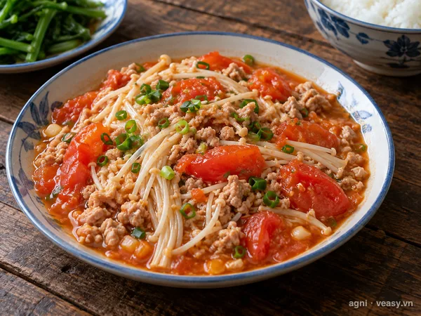 Nấm kim châm xào thịt băm cà chua (ảnh minh hoạ do AI tạo)