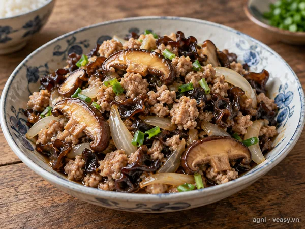 Thịt băm xào nấm hương (ảnh minh hoạ do AI tạo)