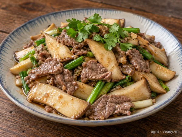 Thịt bò xào nấm đùi gà (ảnh minh hoạ do AI tạo)