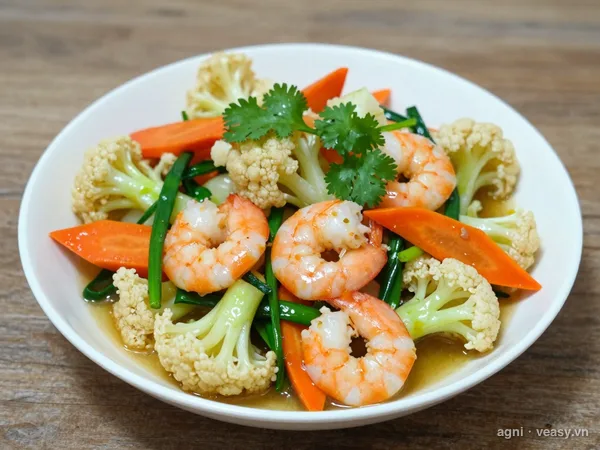 Tôm xào súp lơ (ảnh minh hoạ do AI tạo)
